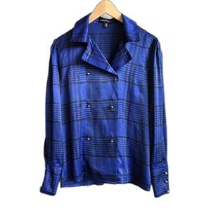 Vintage Louis Féraud Blue Houndstooth Satin Long-Sleeve Blouse Size US 8